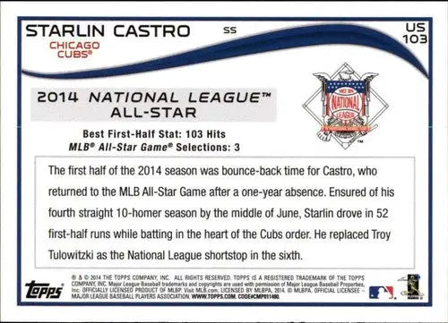 2014 Topps Update #US-103 Starlin Castro NM-MT Cubs ID:19093 - Baseball Card Single