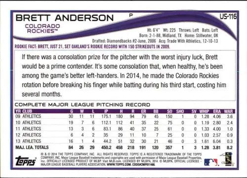 Original gloss Brett Anderson baseball card from 2014 Topps Update Rockies collection