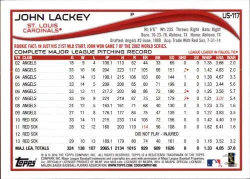 Original gloss 2014 Topps Update John Lackey baseball card featuring John Lackey Cardinals ID18921