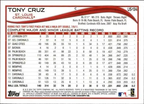 Original gloss 2014 Topps Update Tony Cruz baseball card NM-MT Cardinals ID 18579