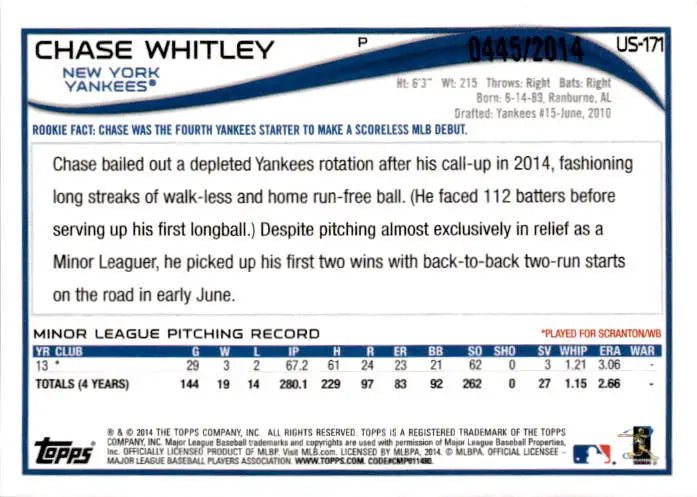 2014 Topps Update #US-171 Chase Whitley Gold #/2014 - Baseball Card Single
