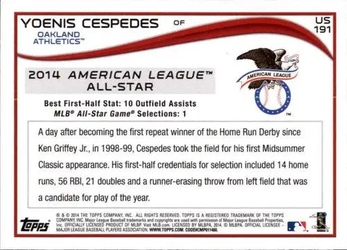 2014 Topps Update Yoenis Cespedes baseball card with original gloss Athletics NM-MT