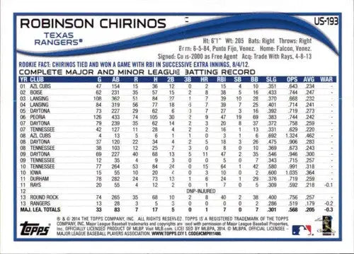 2014 Topps Update #US-193 Robinson Chirinos NM-MT Rangers - Baseball Card Single