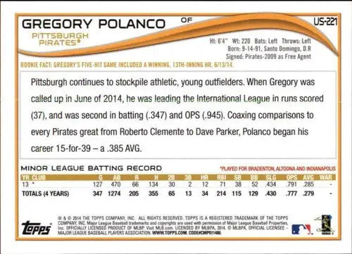 2014 Topps Update Gregory Polanco rookie baseball card with original gloss