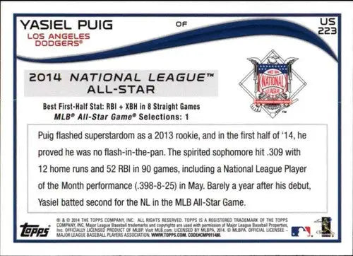 2014 Topps Update #US-223 Yasiel Puig NM-MT Dodgers ID:81516 - Baseball Card Single
