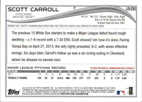 Scott Carroll rookie White Sox baseball card with original gloss from 2014 Topps Update