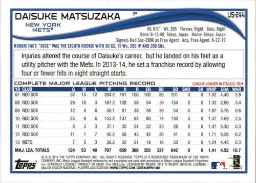 Original gloss 2014 Topps Update Daisuke Matsuzaka baseball card NM-MT Mets ID 5513