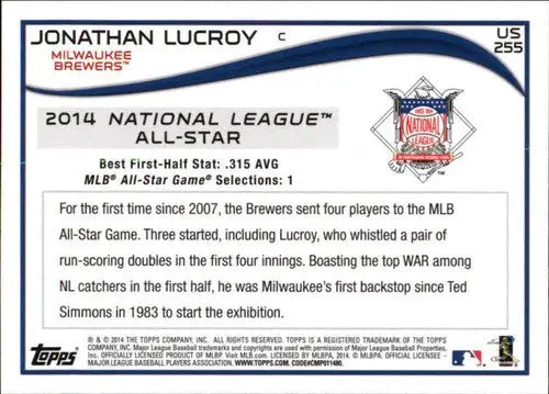 2014 Topps Update Jonathan Lucroy baseball card back with original gloss and Brewers ID