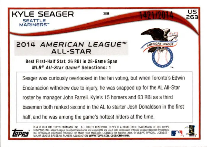 2014 Topps Update #US-263 Kyle Seager Gold #/2014 - Baseball Card Single