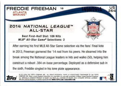 2014 Topps Update #US-264 Freddie Freeman Gold #/2014 - Baseball Card Single
