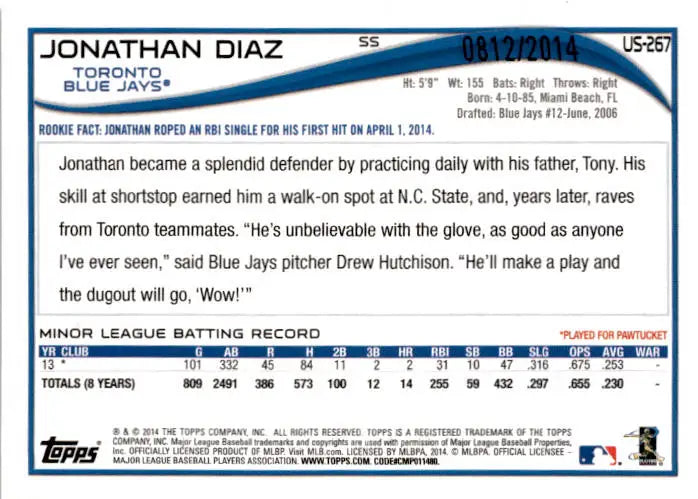 2014 Topps Update #US-267 Jonathan Diaz Gold #/2014 - Baseball Card Single