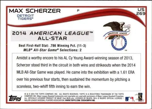 Back of 2014 Topps Update Max Scherzer baseball card with original gloss and Tigers logo