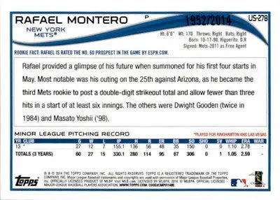 2014 Topps Update #US-278 Rafael Montero Gold #/2014 - Baseball Card Single