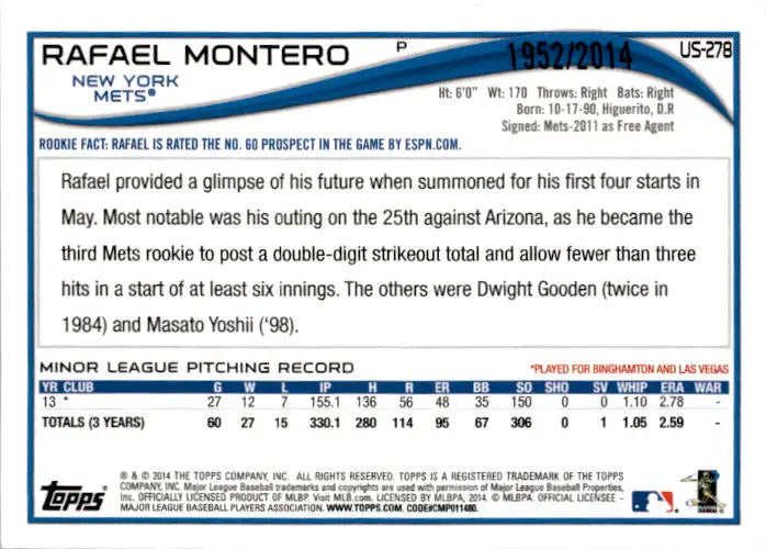 2014 Topps Update #US-278 Rafael Montero Gold #/2014 - Baseball Card Single