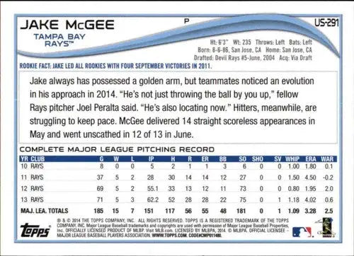 2014 Topps Update Jake McGee baseball card with original gloss Rays ID 5527
