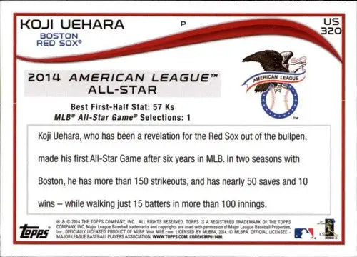 Original gloss of 2014 Topps Update Koji Uehara baseball card featuring Red Sox team