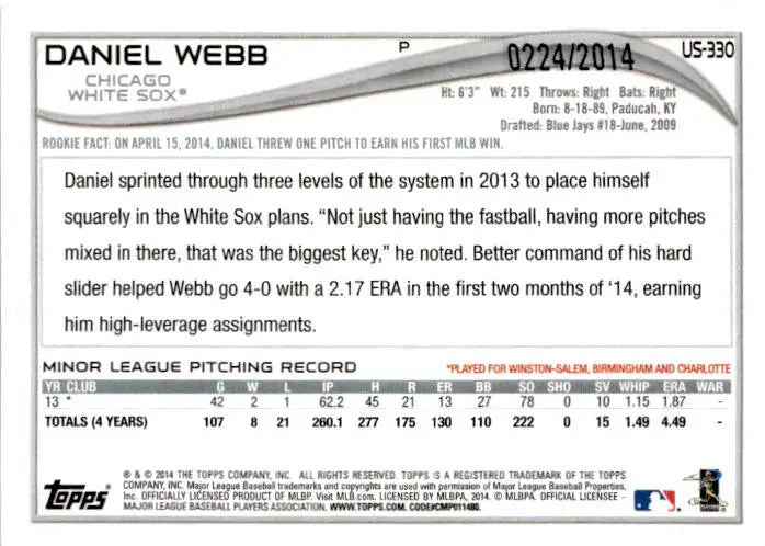 2014 Topps Update #US-330 Daniel Webb Gold #/2014 - Baseball Card Single