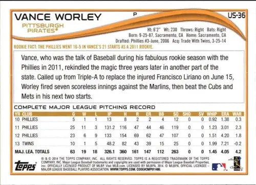 Original gloss Vance Worley baseball card from 2014 Topps Update Pirates collection