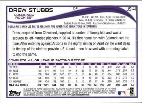 2014 Topps Update Drew Stubbs baseball card with original gloss Rockies ID 72955