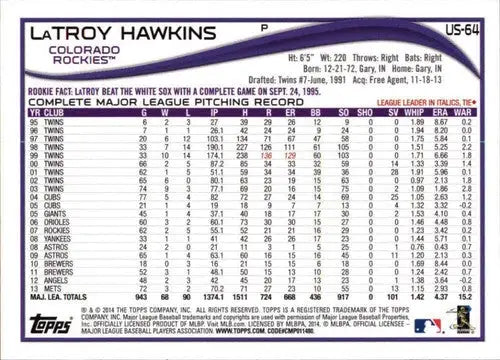 2014 Topps Update LaTroy Hawkins baseball card with original gloss and Rockies ID 18722