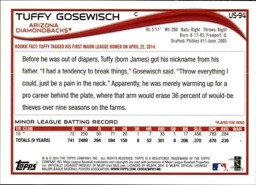 Original gloss Tuffy Gosewisch baseball card from 2014 Topps Update series