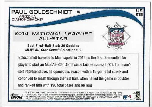 Baseball card back with original gloss from 2014 Topps Update Wal-Mart Blue Border Paul Goldschmidt NM-MT