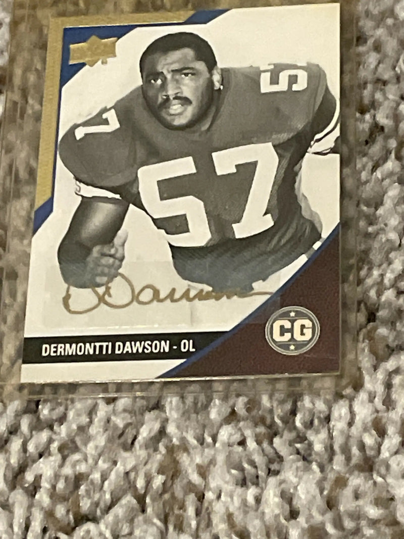 Black and white football trading card of player in jersey number 57, Dermontti Dawson