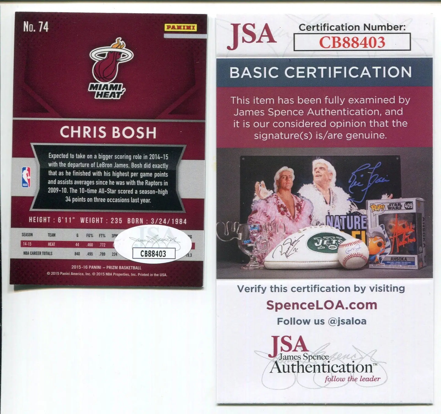 2015-16 Panini Prizm #74 Chris Bosh Auto Basketball Card Miami Heat JSA Signed - Basketball Card Single