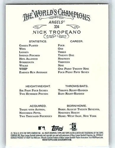 Original gloss Nick Tropeano baseball card 2015 Allen and Ginter NM-MT SP Angels