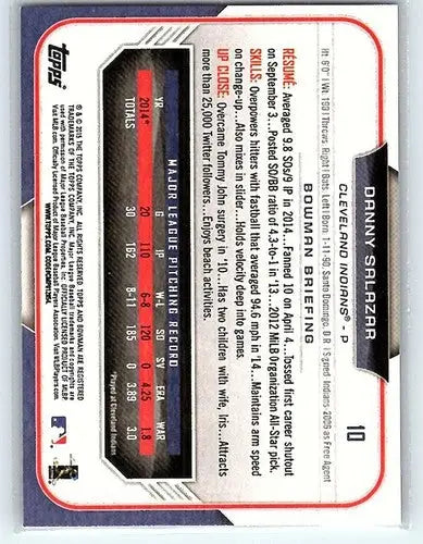 Danny Salazar baseball card with original gloss from 2015 Bowman NM-MT Indians