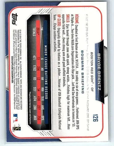Bryce Brentz baseball card back with original gloss, 2015 Bowman #126 Bryce Brentz NM-MT