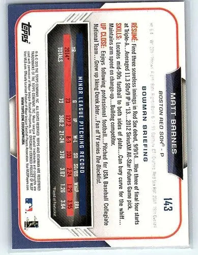 Original gloss Matt Barnes rookie Red Sox baseball card from 2015 Bowman #143