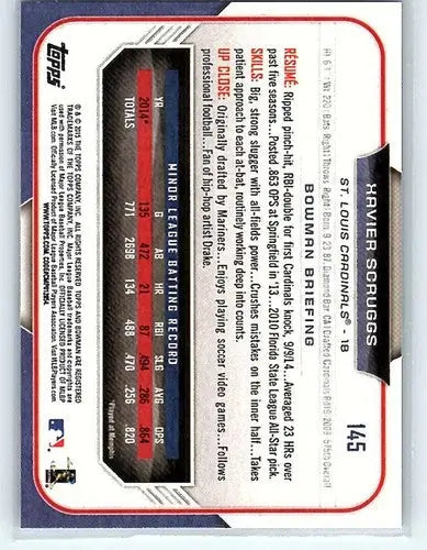 Baseball card back featuring original gloss of Xavier Scruggs rookie cardinals 2015 Bowman #145