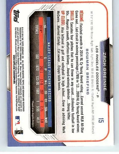 Original gloss Zack Greinke baseball card 2015 Bowman #15 Zack Greinke NM-MT Dodgers