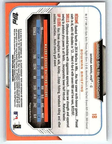 Baseball card back of 2015 Bowman Jarrod Saltalamacchia NM-MT Marlins ID 3859