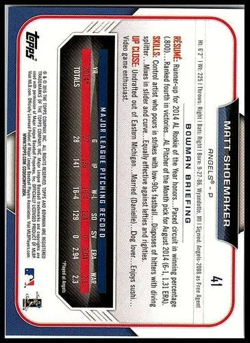 Original gloss Matt Shoemaker baseball card 2015 Bowman NM-MT Angels ID 3862