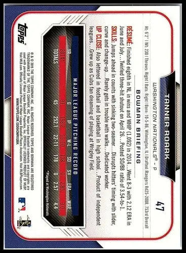 2015 Bowman Tanner Roark baseball card with original gloss, NM-MT condition
