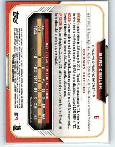 Original gloss Brad Ziegler baseball card 2015 Bowman NM-MT Diamondbacks ID3853
