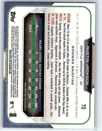 Baseball card back featuring Austin Jackson original gloss from 2015 Bowman NM-MT Mariners