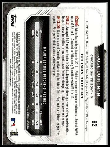 Baseball card back featuring original gloss of Jose Quintana White Sox 2015 Bowman #82