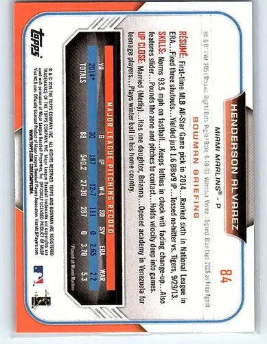 Original gloss Henderson Alvarez baseball card 2015 Bowman NM-MT Marlins ID 3873