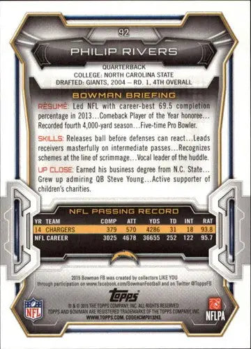 2015 Bowman #92 Philip Rivers NM-MT Chargers ID:13755 - Football Card Single