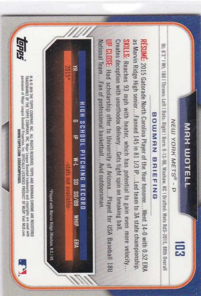 Baseball trading card of Max Wotell 1st Bowman Chrome New York Mets player statistics