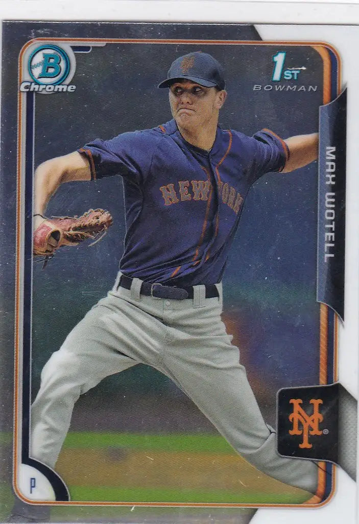 Baseball card of Max Wotell 1st Bowman in New York Mets uniform mid-throw