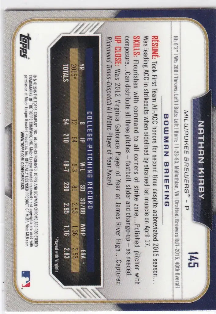 Baseball card featuring Nathan Kirby 1st Bowman Milwaukee Brewers player stats