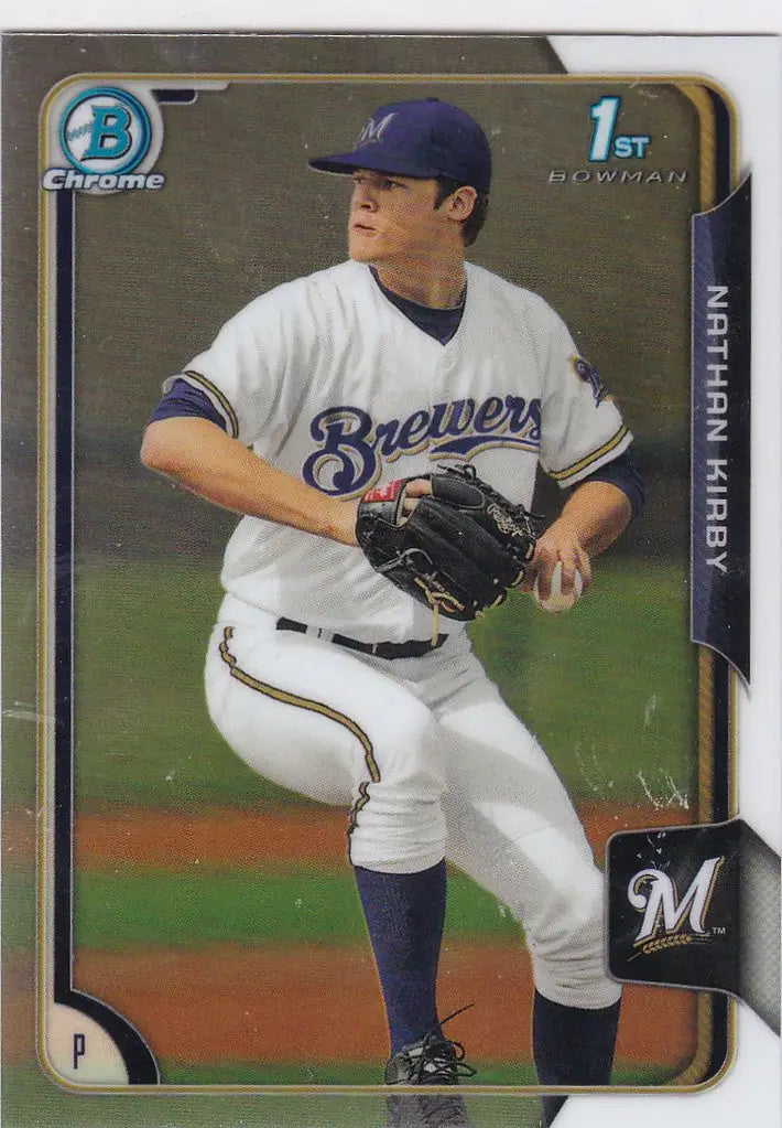 Baseball player Nathan Kirby mid-pitch in Milwaukee Brewers uniform on 1st Bowman card