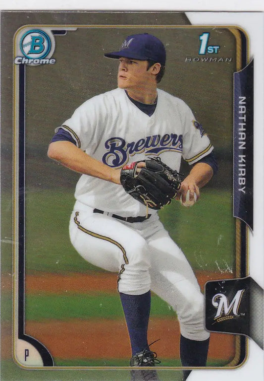 Baseball player Nathan Kirby mid-pitch in Milwaukee Brewers uniform on 1st Bowman card