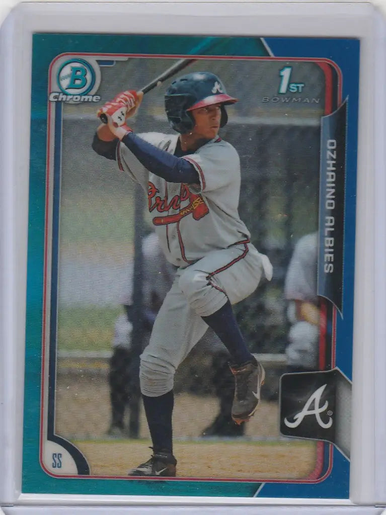 Baseball card of Ozhaino Albies Atlanta Braves in batting stance, 2015 Bowman Chrome Blue BCP71