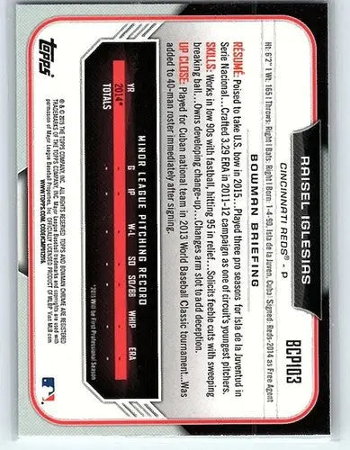 Original gloss of 2015 Bowman Chrome Prospects BCP103 Raisel Iglesias baseball card back