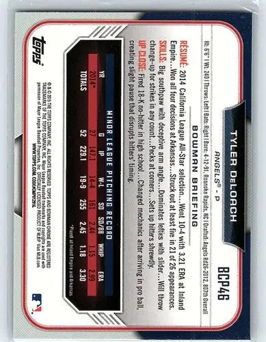 Baseball card back featuring Bowman Chrome BCP46 Tyler DeLoach Angels ID 3914